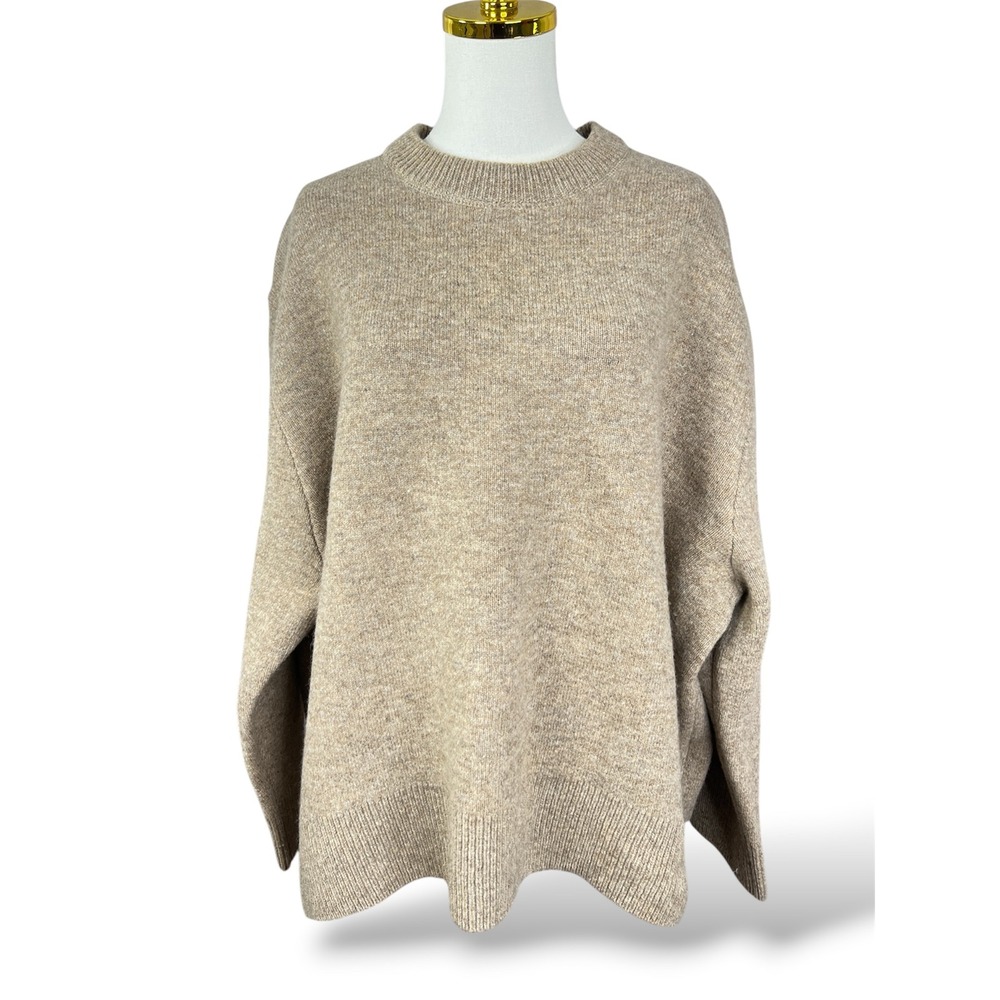 Zara Womens XL Tan Marl Oversized Knit Crew Neck Sweater Long Sleeve A34